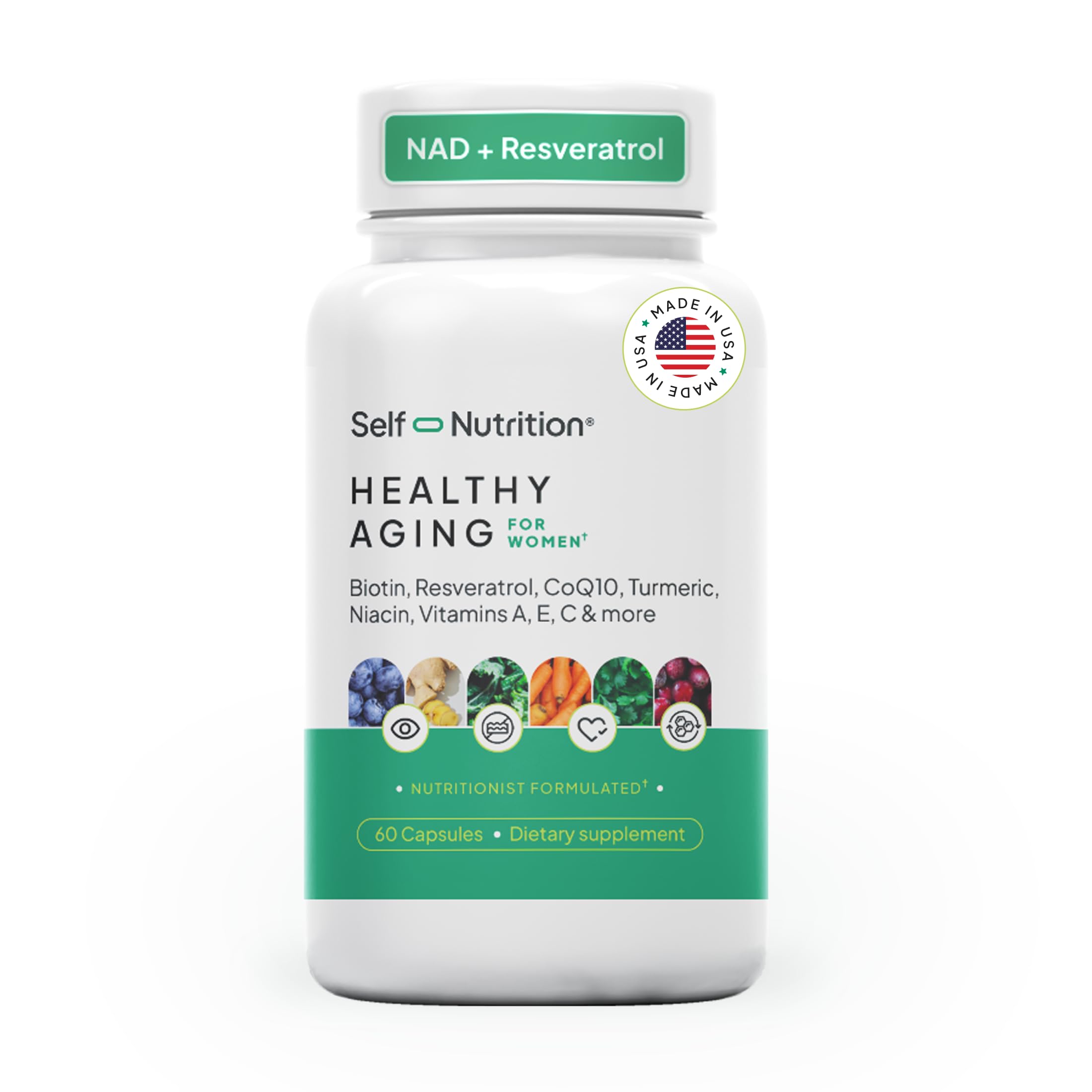 SELF NUTRITION NAD+ Resveratrol Supplement for Women – Healthy Aging Formula with CoQ10, Biotin, Turmeric & Vitamins A, C, E – Supports Energy, Skin & Longevity – 60 Capsules. Made in USA. SELF NUTRITION buy supplements Au
