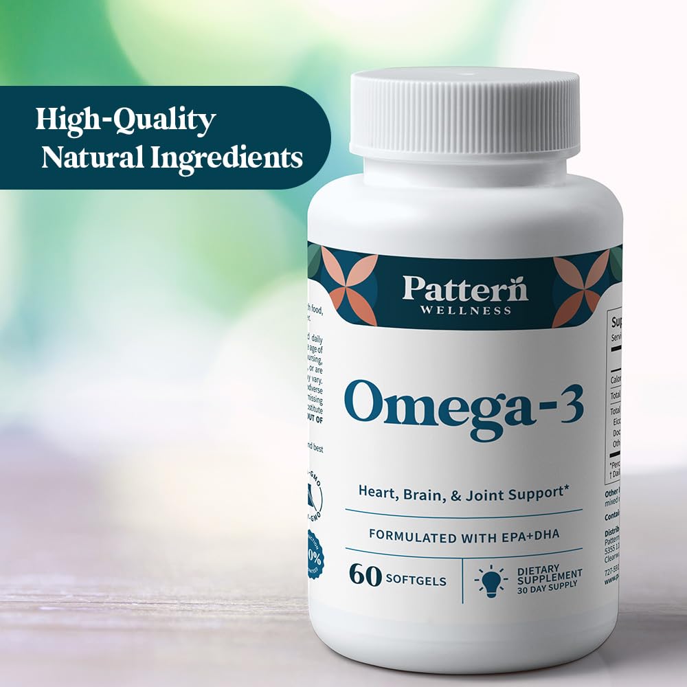 Pattern Wellness Omega 3 Softgels - Pure Fish Oil Formula - Helps Maintain Brain, Heart & Joint Health - 3rd Party Lab Tested - Non-GMO, Dairy-Free, Gluten-Free - 60 Softgels