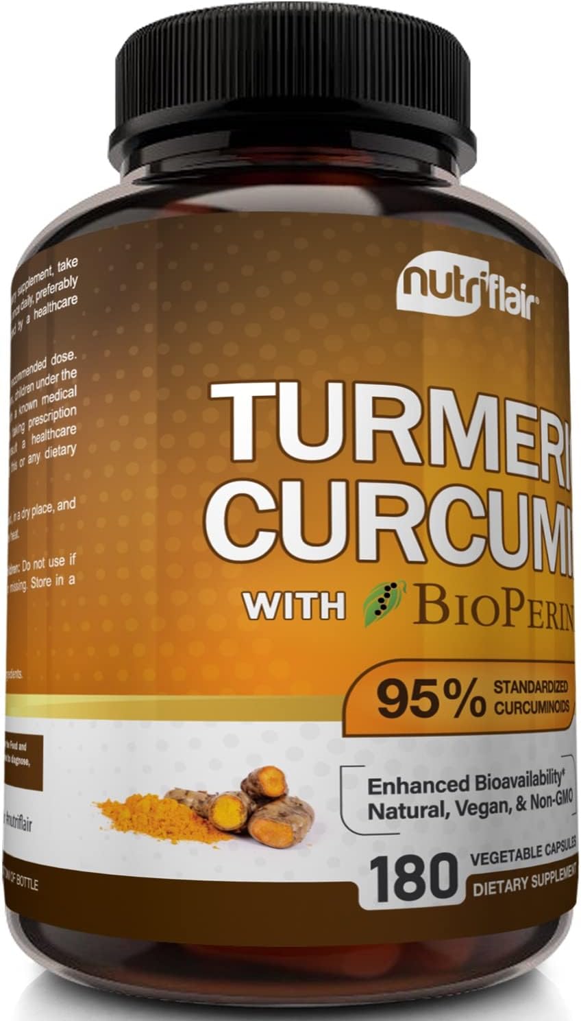NutriFlair Turmeric Curcumin with BioPerine - 1300mg, 180 Capsules - 95% Standardized Curcuminoids Turmeric Supplement Extract with Black Pepper for Optimal Absorption - 180 Capsules