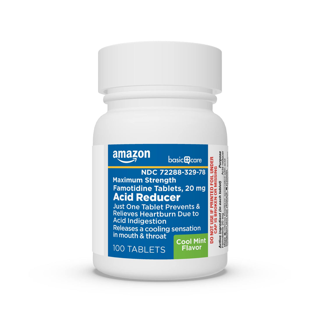 Amazon Basic Care Famotidine Tablets 20 mg Acid Reducer packaging on a white background