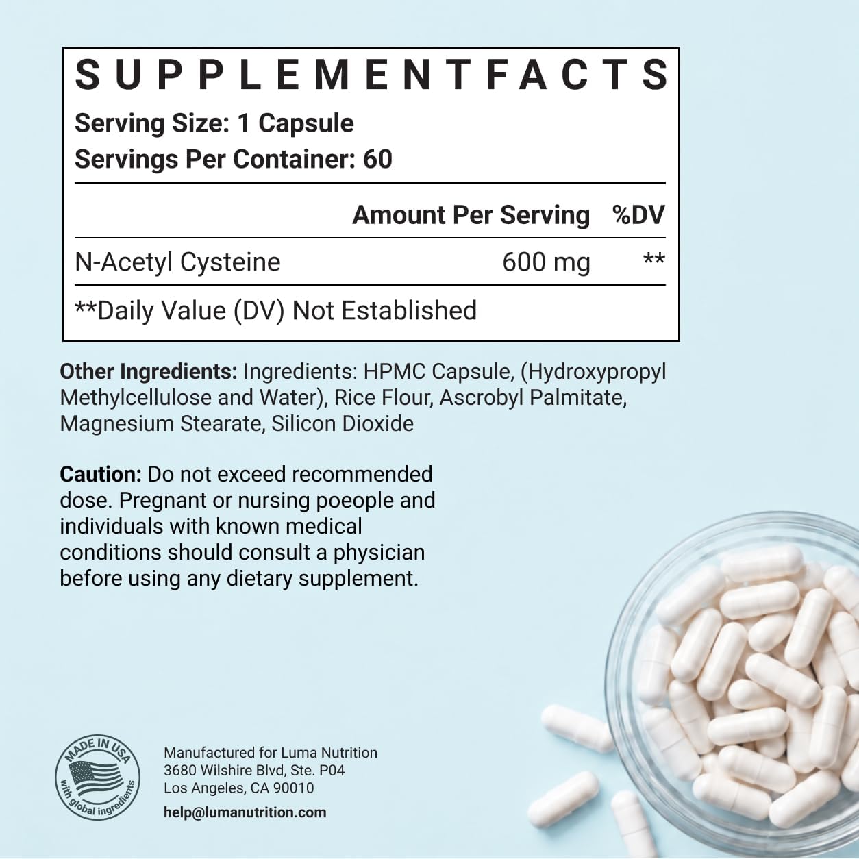 Luma Nutrition NAC Supplement N-Acetyl Cysteine 600 mg - 60 Capsules