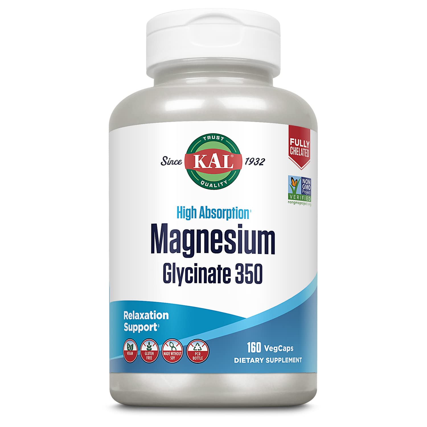 KAL Magnesium Glycinate, New & Improved Fully Chelated High Absorption Formula with BioPerine, Bisglycinate Chelate for Stress, Relaxation, Muscle & Bone Health Support, 60 Servings, 240 VegCaps