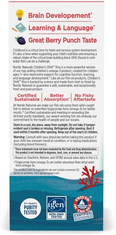Nordic Naturals Children’s DHA Xtra, Berry Punch - 2 oz for Kids - 880 mg Total Omega-3s with EPA & DHA - Cognitive & Immune Function, Learning, Social Development - Non-GMO - 48 Servings | 880mg omega-3s with EPA & DHA per serving. Supports cognitive fun