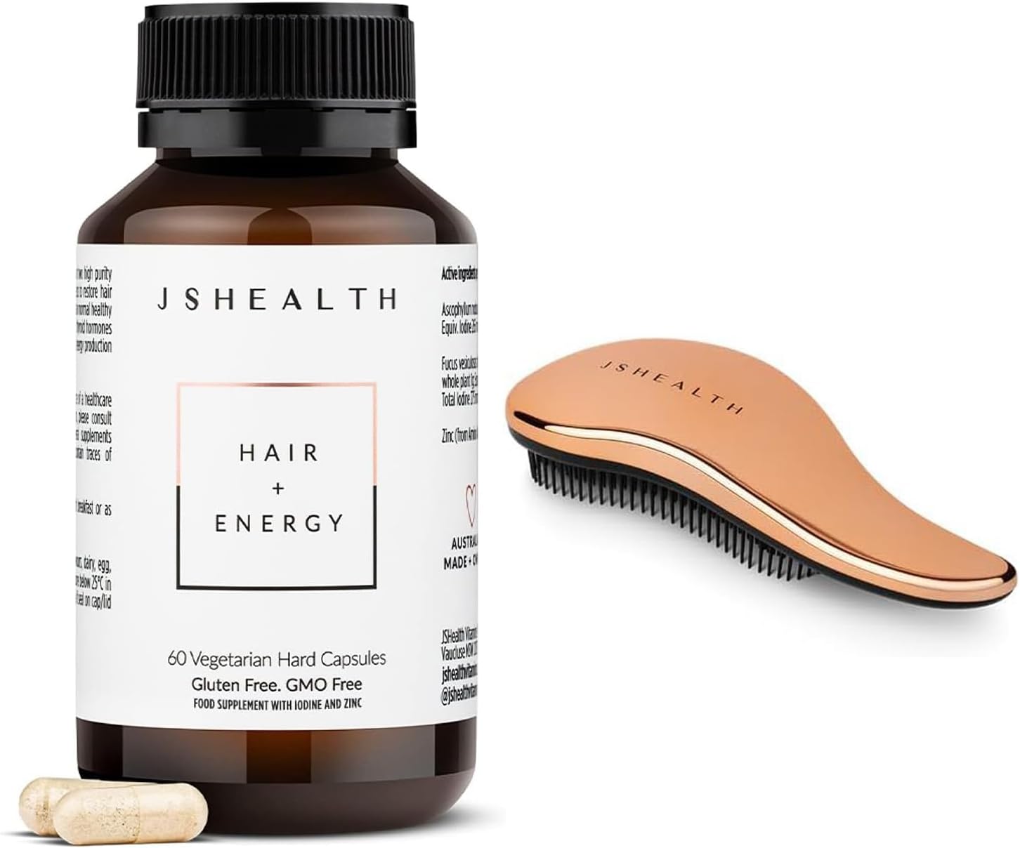 JSHealth Hair Formula Vitamins for Hair Growth and Energy with Zinc and Iodine, 60 Capsules Hair Brush - Virtual Bundle