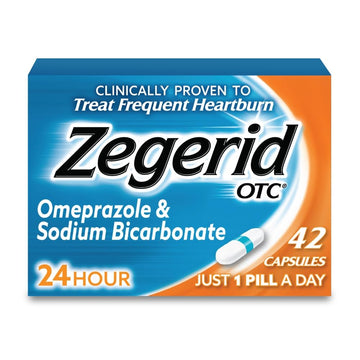Zegerid OTC, 24-Hour Heartburn Relief, Acid Reflux Medicine and Antacid, Treats Frequent Heartburn, Omeprazole 20mg + Sodium Bicarbonate, Proton Pump Inhibitor (PPI), 42 Capsules