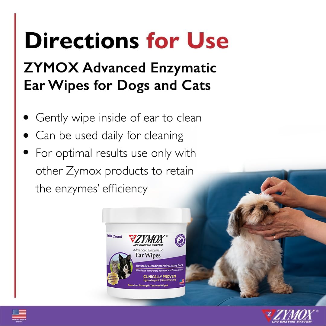 Zymox Advanced Enzymatic Ear Wipes for Dogs and Cats - for Dirty, Waxy, Smelly Ears - Premium Strength Ear Cleaner Wipes - Non-Irritating - Hypoallergenic - 100 ct