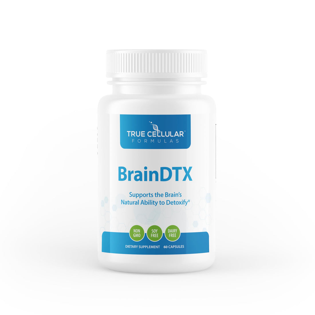 Supplement bottle labeled 'BrainDTX' by True Cellular Formulas on a white background