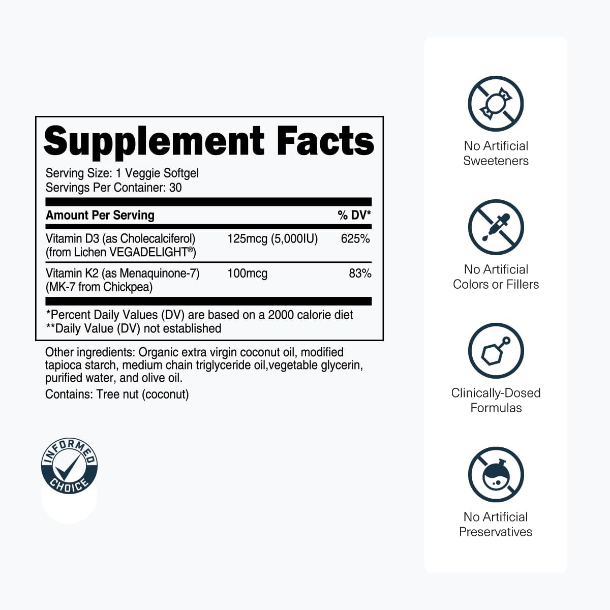 Transparent Labs Vitamin D3 K2 - Vitamin D & K2 Vitamin Supplement for Men & Women, Vegan-Friendly D3K2 5000 IU Supplements to Support Bone, Immune, and Overall Health - K2 D3 60 Capsules