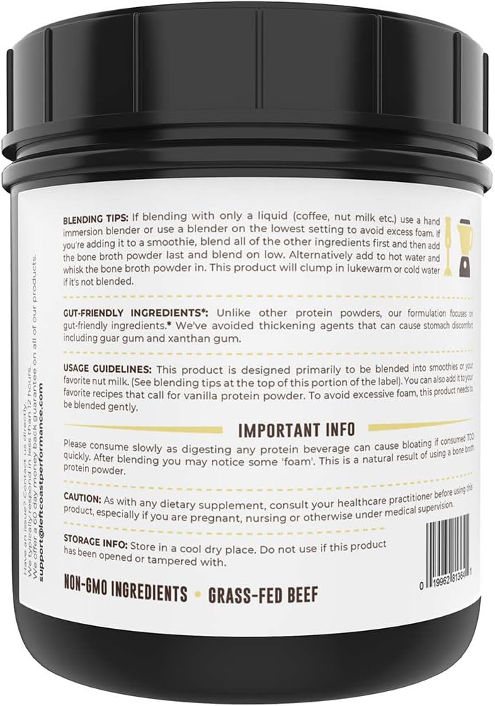 Left Coast Performance Vanilla Bone Broth and Multi Collagen Powder for Joint, Hair, Skin, and Nails Support