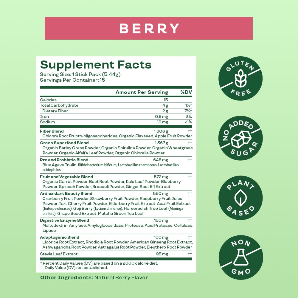 Bloom Nutrition Superfood Greens Powder, Berry, 30 Servings | Digestive Enzymes with Probiotics and Prebiotics, Gut Health, Bloating Relief for Women, Chlorella, Green Juice Mix