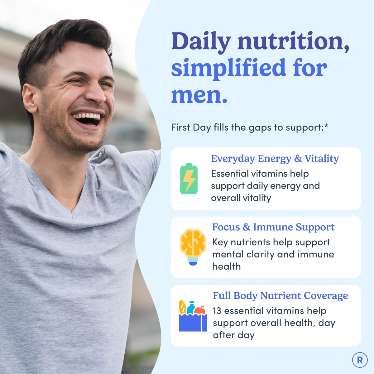 FIRST DAY Men's Multivitamin Gummy with 13 Key Nutrients, 60 Gummies | Vegan gummy vitamins for men with methylfolate, zinc and organic fruit and veggie blend; take 2 daily for a 30-day supply.
