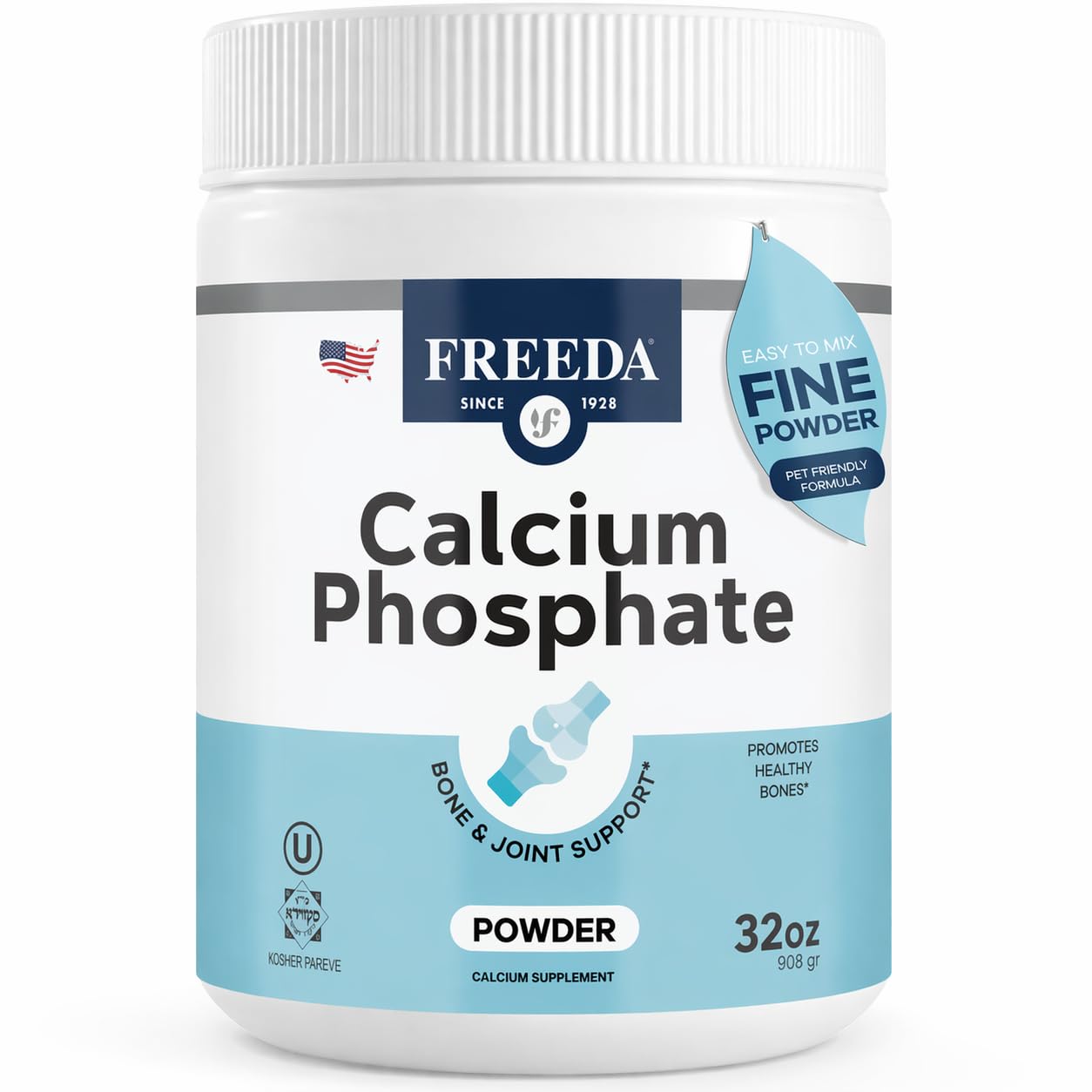 Freeda Calcium Phosphate Powder Mineral Supplement - 16 oz | Kosher Calcium and Phosphorus Powder Supplement to Support Bone Strength & Joint Health for Men, Women, Dogs, and Cats