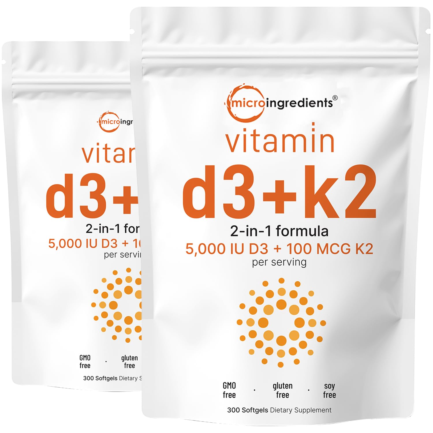 Micro Ingredients Vitamin D3 5,000 IU + K2 MK-7 100 mcg, 300 Softgels | 2-in-1 Vitamins D & K Complex | Extra Strength, Easy to Swallow, Non-GMO, Gluten Free