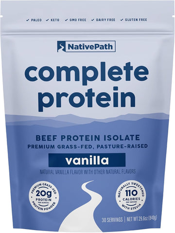 NativePath Complete Protein, 20g Grass-Fed Beef, Vanilla, 30 Servings | Dairy-Free, Whey-Free Isolate, Essential Aminos Plus MCTs, Lactose-Free & Easy To Digest, Keto, No Sugar