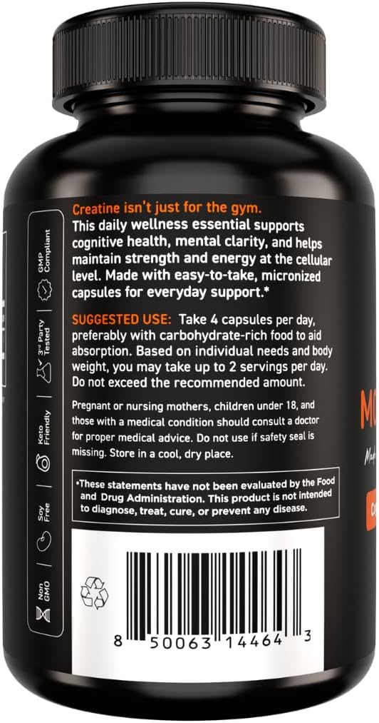 Vital Vitamins Creatine Monohydrate Pills, 3g for Women & Men | Supports Muscle Health, Energy & Cognitive Clarity, Micronized, Easy to Swallow, Non-GMO, 120 Capsules