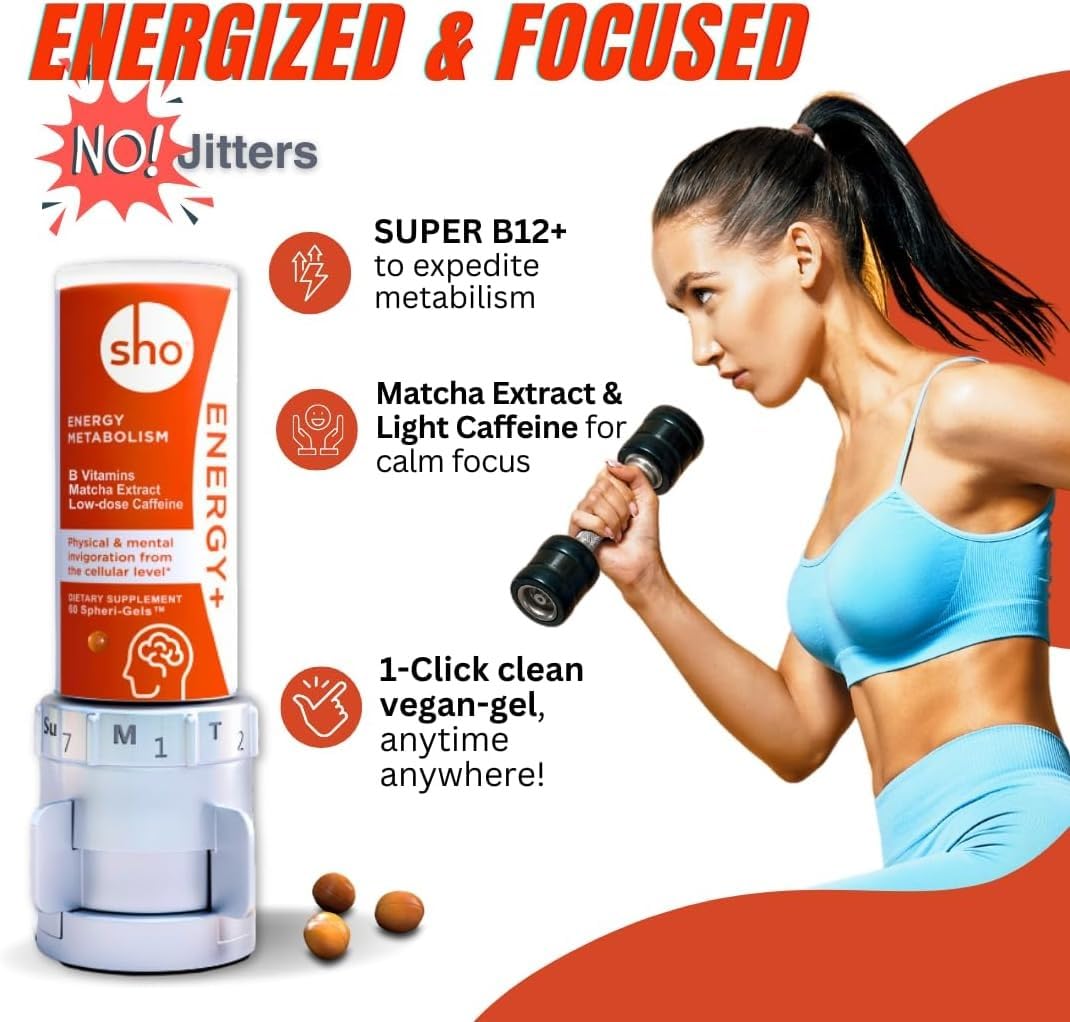 Three bottles of sho Energy+ dietary supplements on a white background