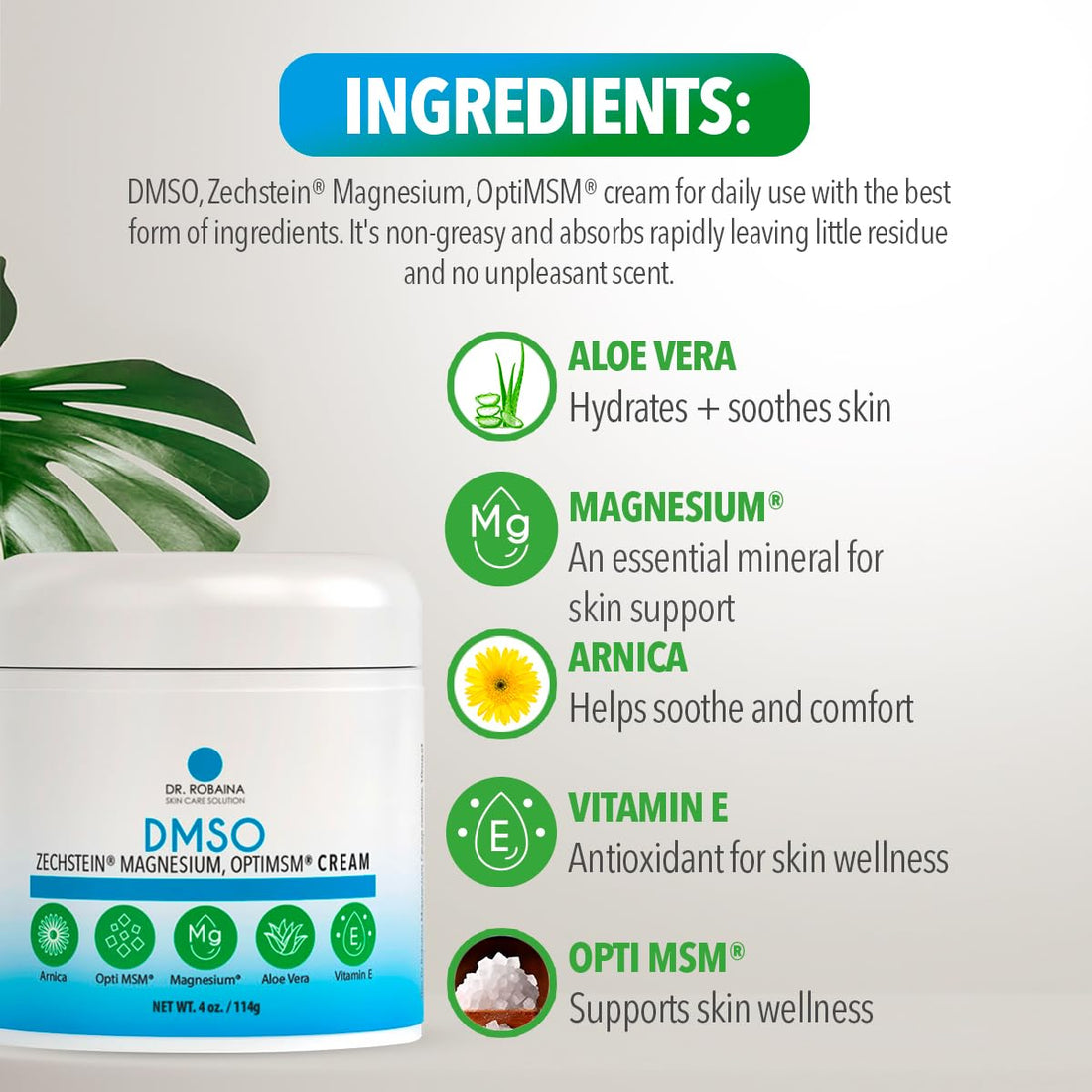 Dr. Robaina DMSO Cream – 99.9% Pure Dimethyl Sulfoxide | Formula with Zechstein Magnesium, Arnica, Aloe Vera & Vitamin E | Topical Cream for Body Wellness Dr. RobainaBuy Supplements Australia