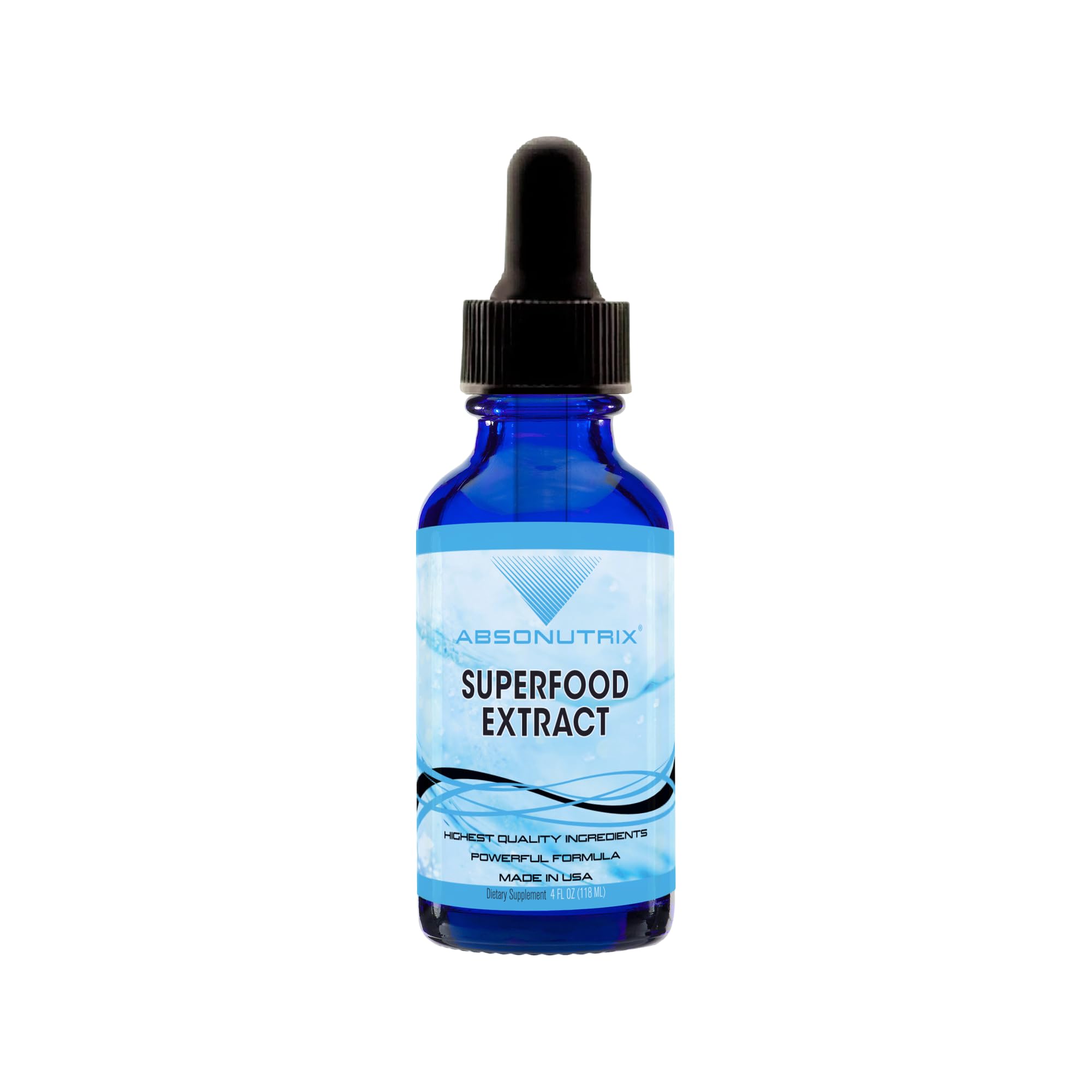 Blue bottle of superfood extract with a dropper on a white background