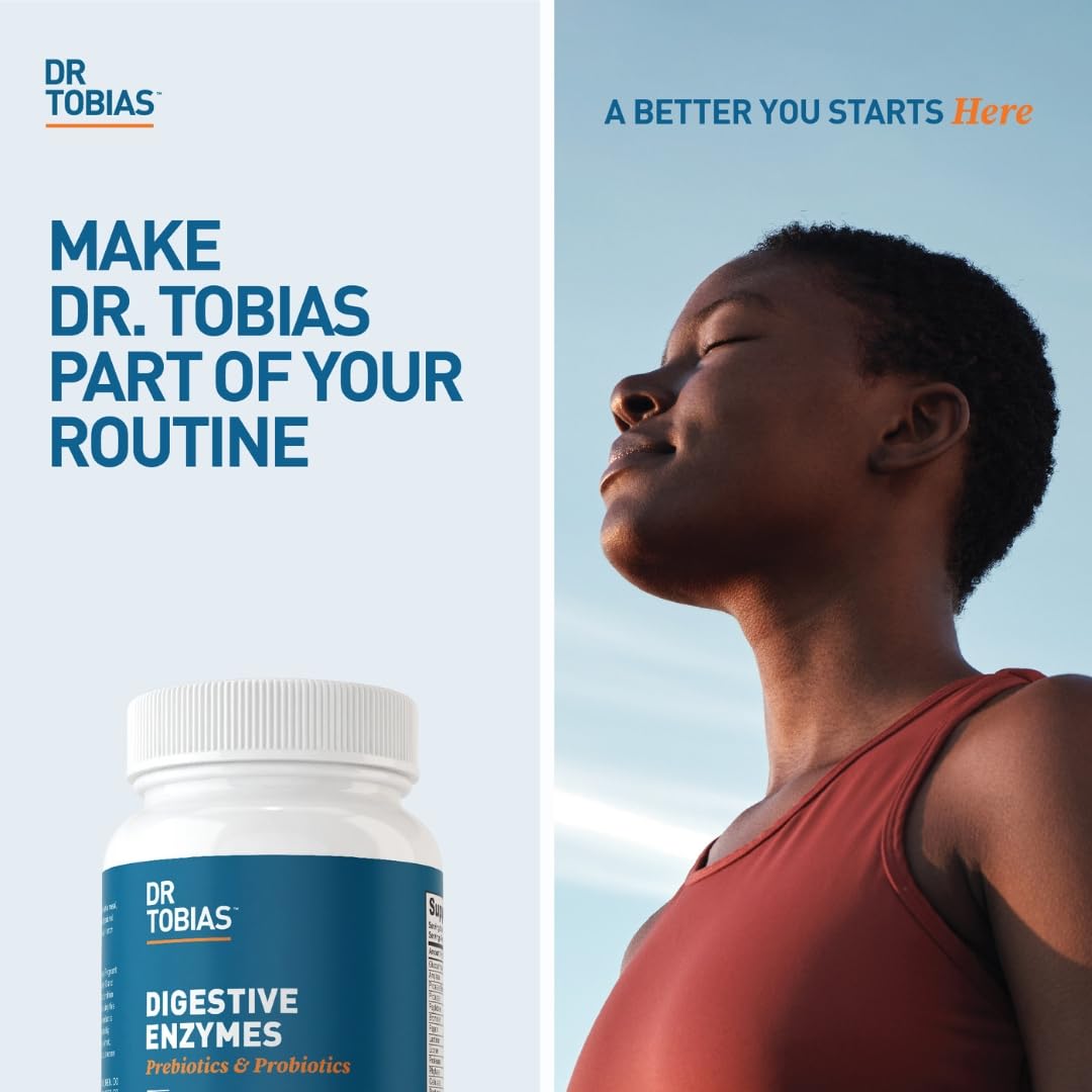 Dr. Tobias Digestive Enzymes + Prebiotics & Probiotics 60 Capsules | Digestion & Gut Support | Enzymes + Prebiotics + Probiotics + Postbiotics | Bromelain, Amylase & Lipase | 30 Servings