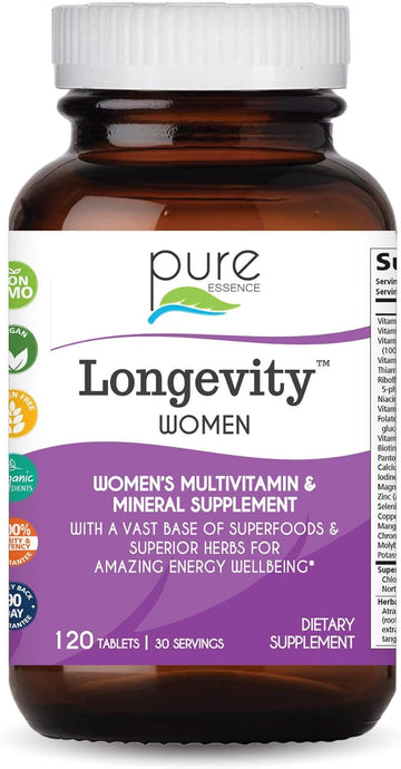 Pure Essence Longevity for Women Over 40 Multivitamin - Vitamins with Superfoods, Whole Foods, Minerals, Antioxidants and Immune Support - 90 Tablets