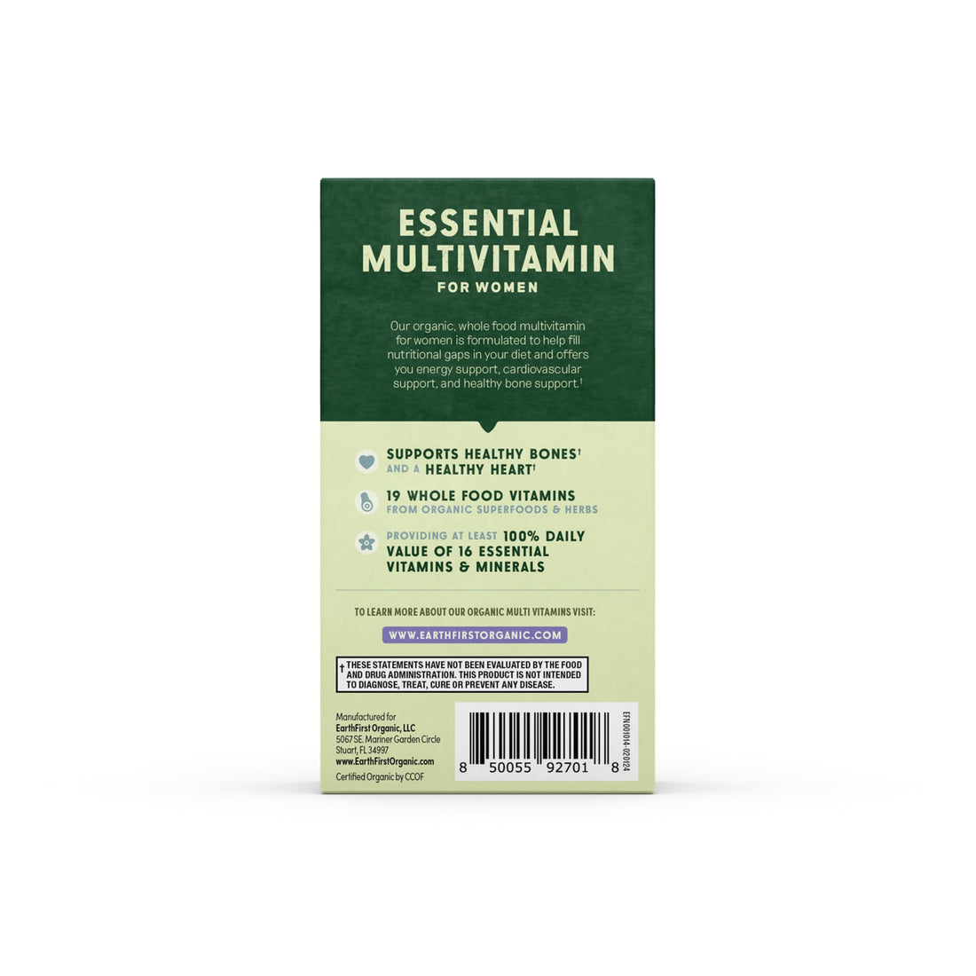 Earthfirst Organic Women's Multi supplement bottle and packaging on a white background