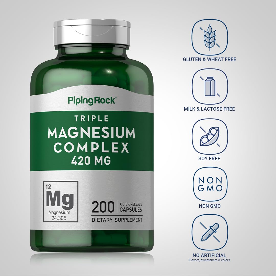 Green supplement bottle labeled 'Triple Magnesium Complex 420 MG' by Piping Rock with a silver cap.
