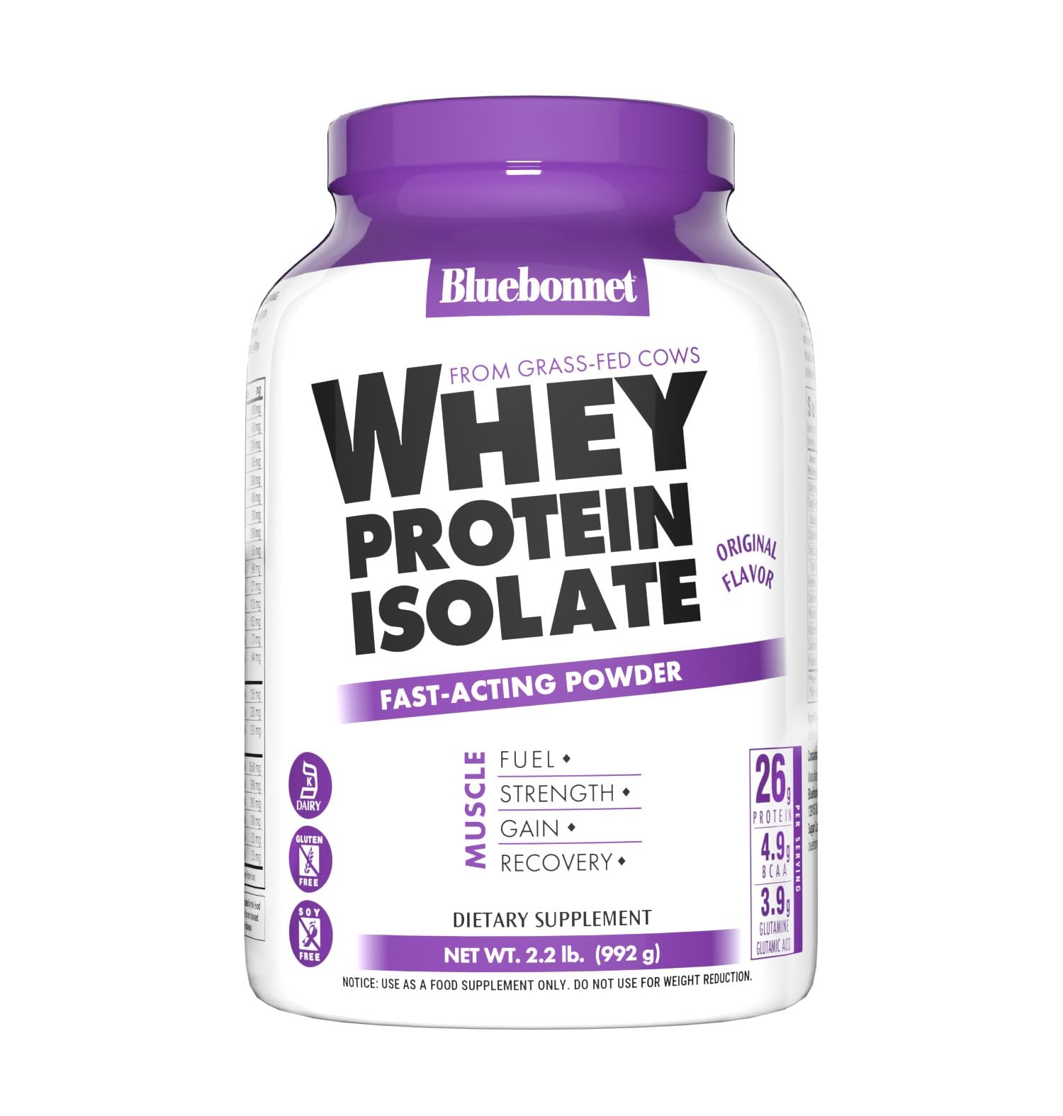 BlueBonnet Nutrition Whey Protein Isolate Powder From Grass Fed Cows, 26g of Protein, No Sugar Added, Gluten & Soy free, kosher Dairy, 2 Lbs, 28 Servings, French Vanilla Flavor