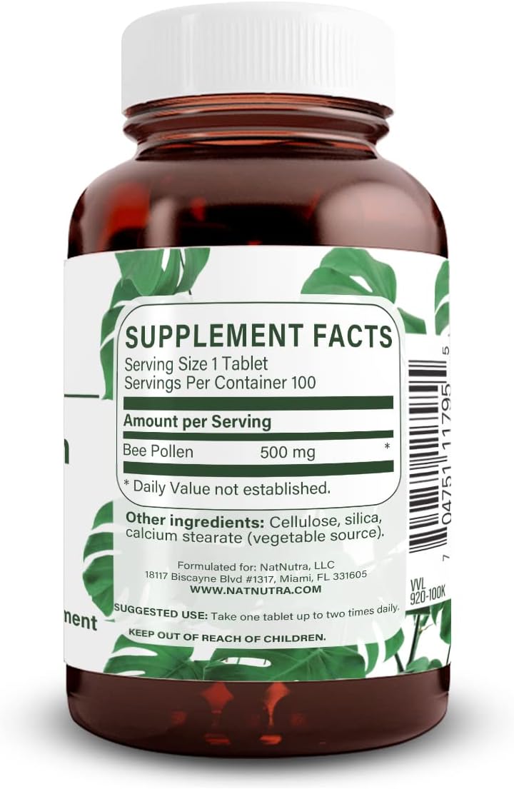 Natural Nutra Bee Pollen 500 mg, Helps Promote Vitality and Immune System, Improve Overall Health, Helps Improve Body Stamina, 100 Tablets
