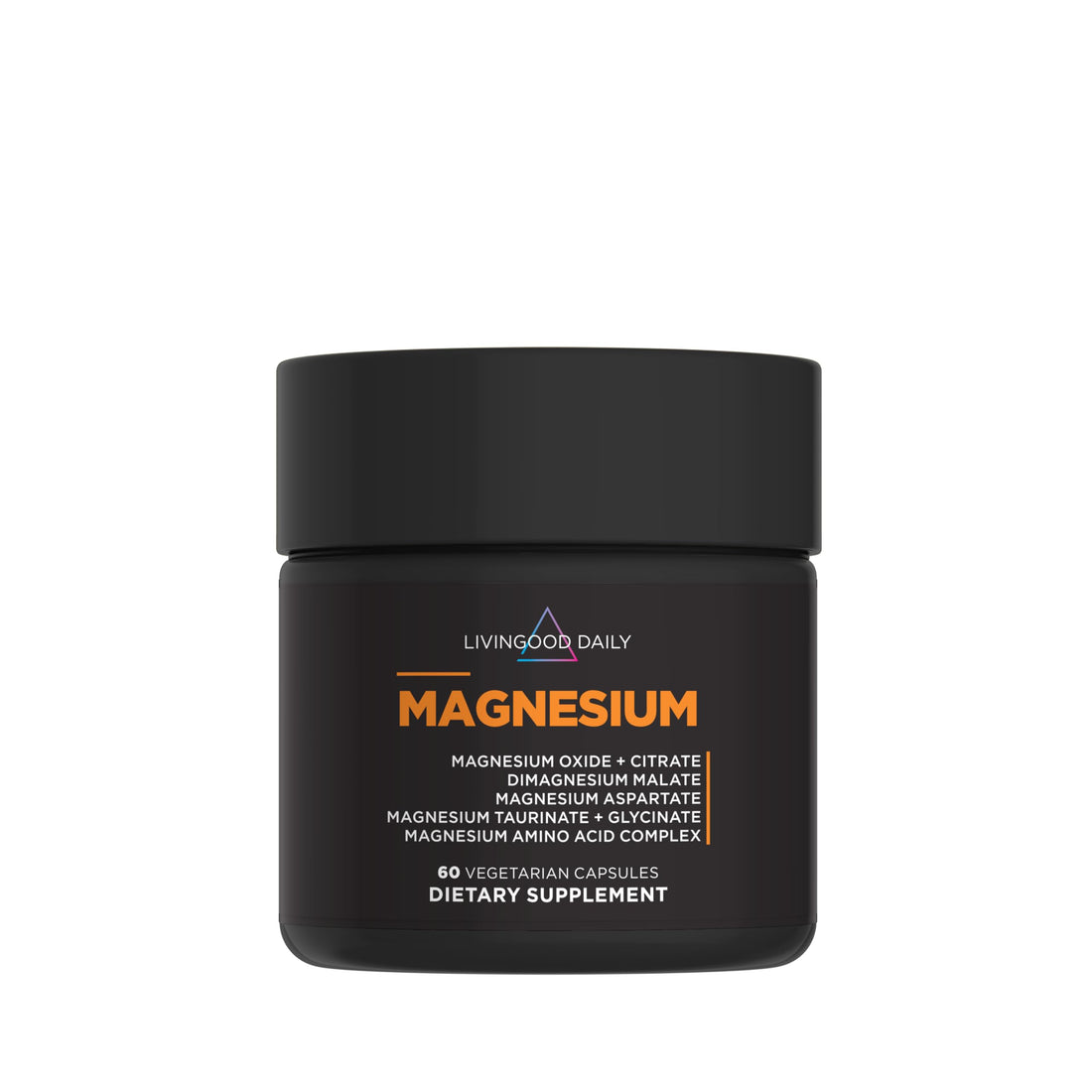 Black supplement jar labeled 'Livingood Daily Magnesium' on a white background