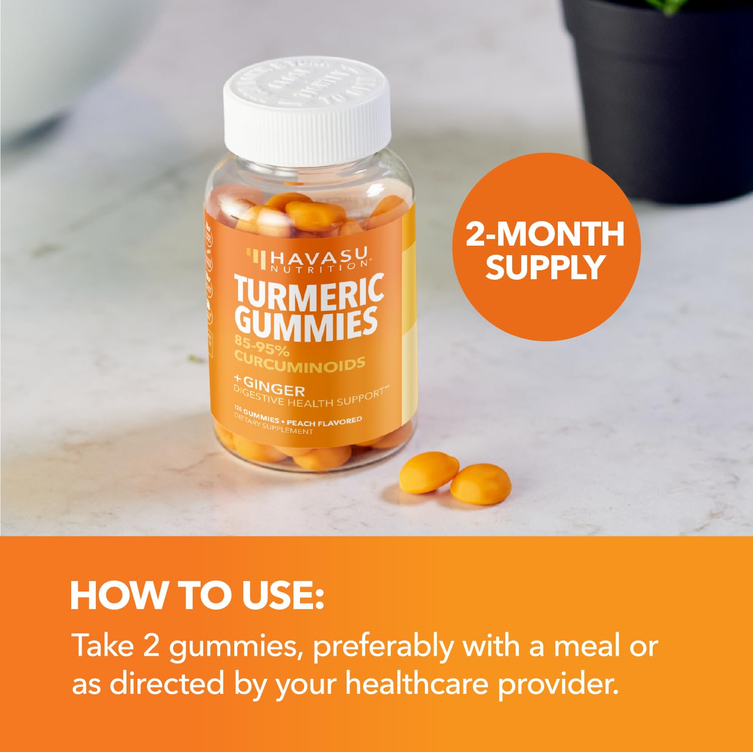 Turmeric Gummies, Peach, 60ct, Digestive & Immune Support for Wellness | Turmeric Gummies with Ginger Root Extract, Digestive Health & Immune Support for Overall Wellness, 1 Month Supply