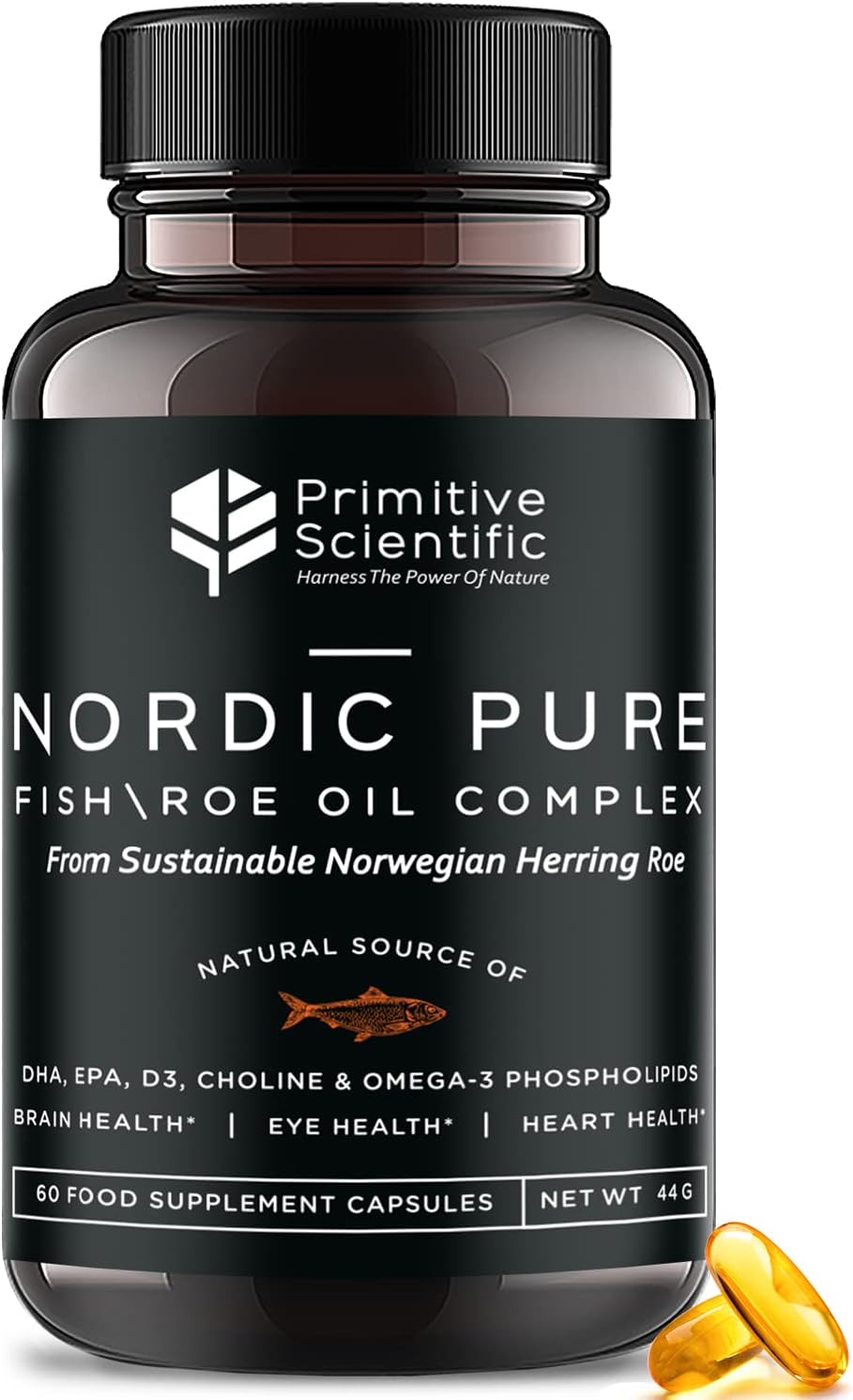 Primitive Scientific Nordic Pure Oil Complex (60 Fish Oil Capsules) for Brain, Immunity & Vision - Heart Supplement w/EPA, DHA, Vitamin D3, Choline - Omega 3 Supplements