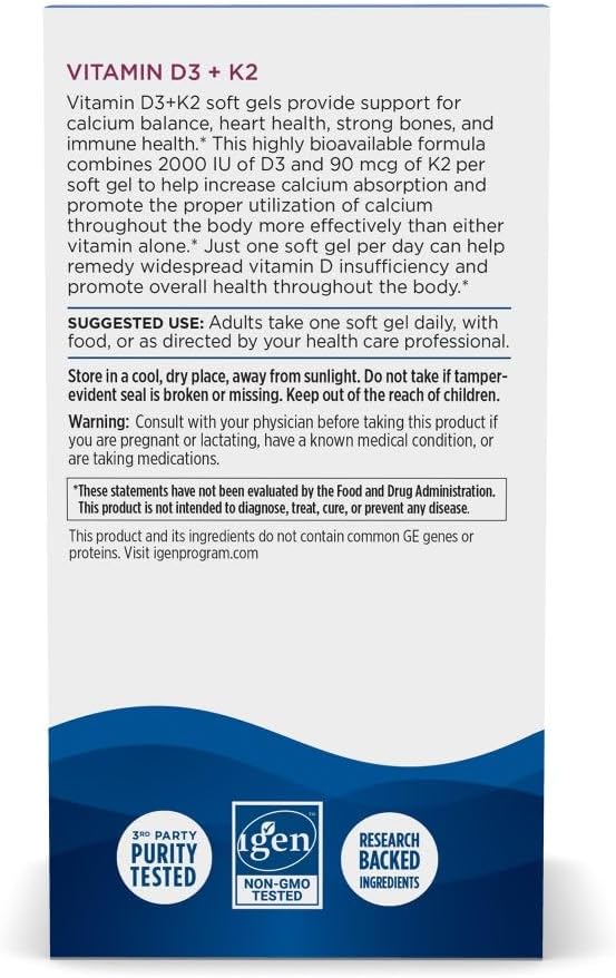 Nordic Naturals Vitamin D3 + K2, 2000 IU D3, Orange - 60 Softgels | Bone Health. Immune Support. Calcium Balance. Synergistic D3 + K2. Non-GMO. Plant-Based K2 MK-7. Orange Flavor Softgels.