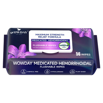 Wowday Flushable Hemorrhoid Wipes | Maximum Strength Witch Hazel Wipes | 56 Count Fragrance Free Adult Hemorrhoids Medicated Witch Hazels Wipe for Butt Hemorrhoidal Itch WowDayBuy Supplements Australia