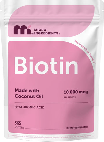 Micro Ingredients Biotin 10,000 mcg with Hyaluronic Acid 25 mg Per Serving | Made with Coconut Oil | 365 Softgels | 1 Per Day | One Year Supply | Non-GMO & Gluten Free