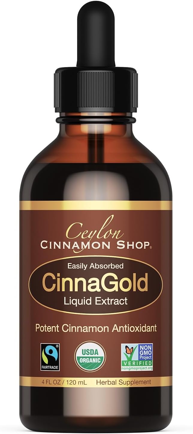 CinnaGold™ Organic Ceylon Cinnamon Liquid Extract Supplement - 4 oz | Superior Absorption & Bioavailability, USDA Certified Tincture, Non-GMO, Gluten Free, Sugar Free, Made in the USA (GMP)