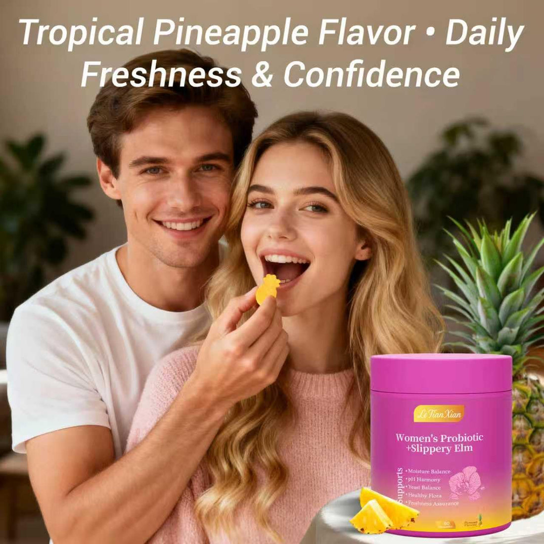 Purple container of Le Tian Xian Women's Probiotic + Slippery Elm with pineapple slices on a white background