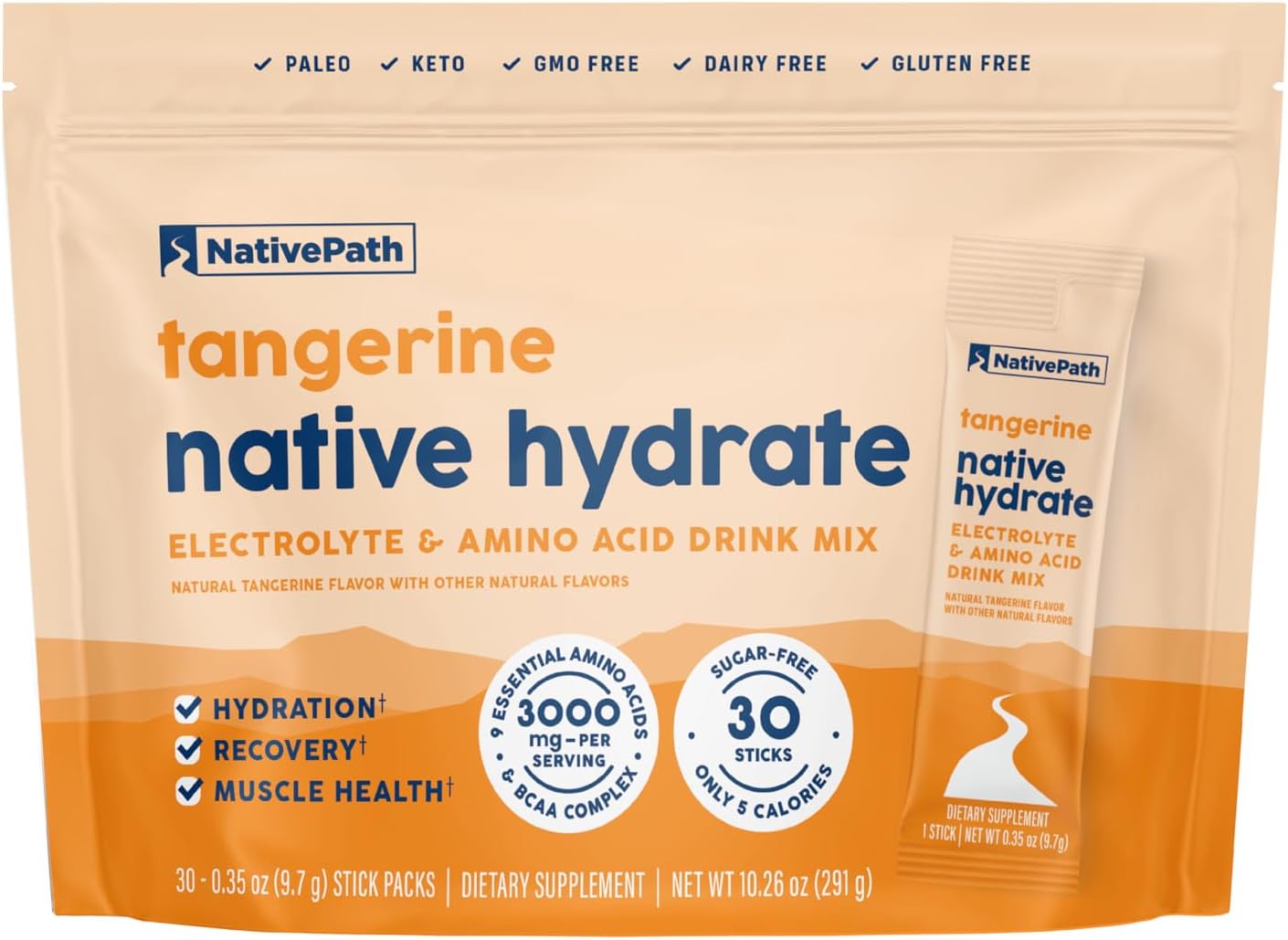 NativePath Hydrate Electrolyte Stick Packs, Tangerine, 30 Count | Single-Serve Sticks, 14 Vitamins & Minerals, 9 Aminos & 2000mg BCAAs, Zero Sugar, Hydration, Keto
