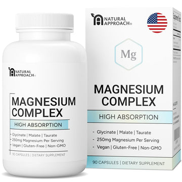 Supplement bottle and packaging of Magnesium Complex with 'Natural Approach' branding.