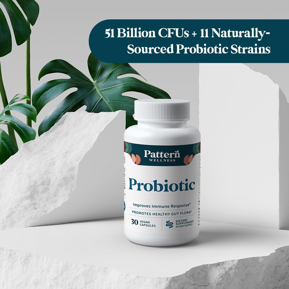 Pattern Wellness Probiotic Supplement – 30 Vegan Capsules | 51 Billion CFU – Supports Digestive Balance & Gut Wellness – Mindfully Sourced, Non-GMO