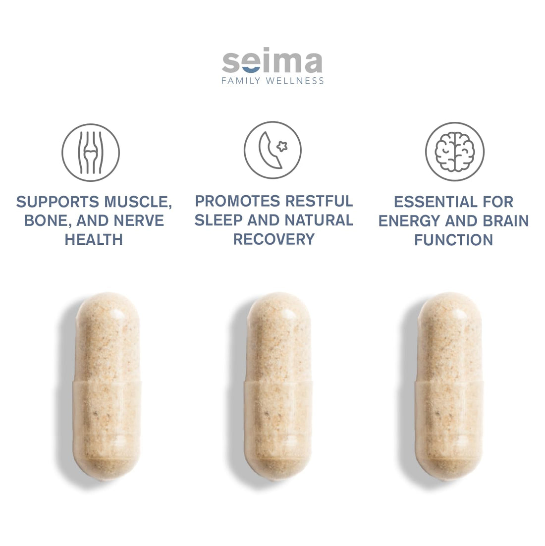 Seima Magnesium Blend dietary supplement bottle and packaging on a white background
