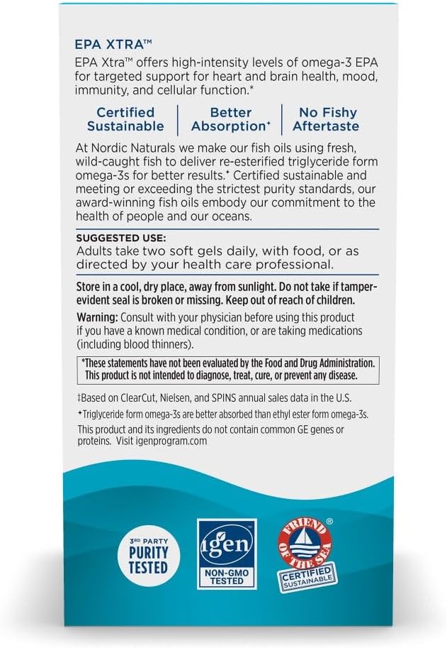 Nordic Naturals EPA Xtra, Lemon - 90 Soft Gels - 1640 mg Omega-3 - High-Intensity EPA Formula for Positive Mood, Heart Health & Healthy Immunity - Non-GMO - 45 Servings | Supports mood, heart & immune health. High-intensity EPA formula. Non-GMO. Lemon fla