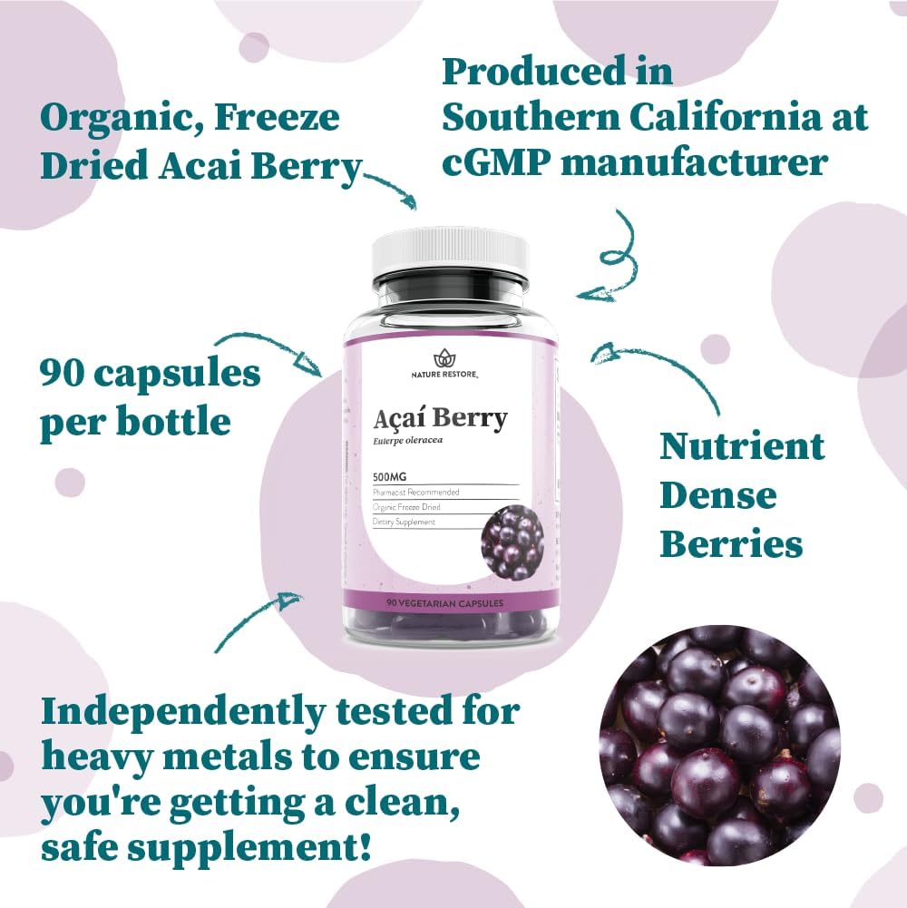 Nature Restore Organic Acai Berry Supplement, Freeze Dried, 90 Acai Berry Capsules, Non GMO, Gluten Free, Vegan