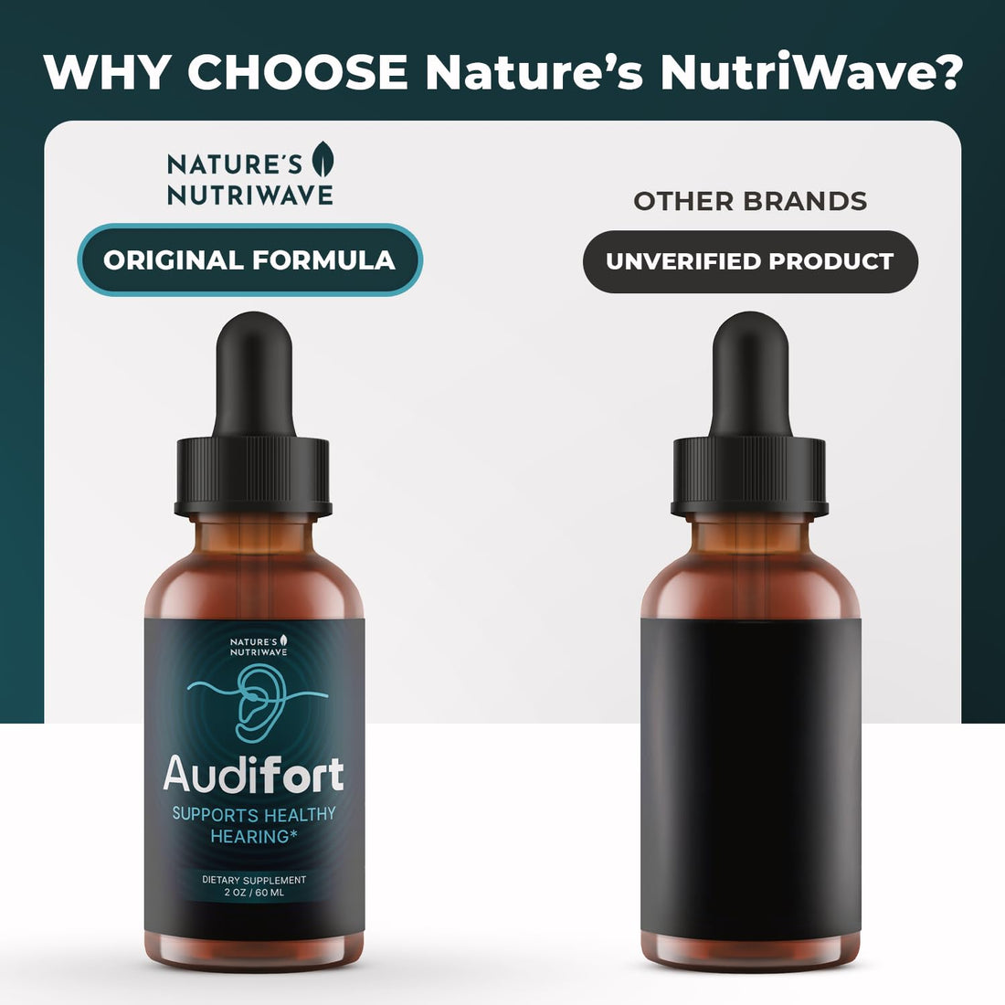 Bottle of Audifort dietary supplement with natural elements on a white background