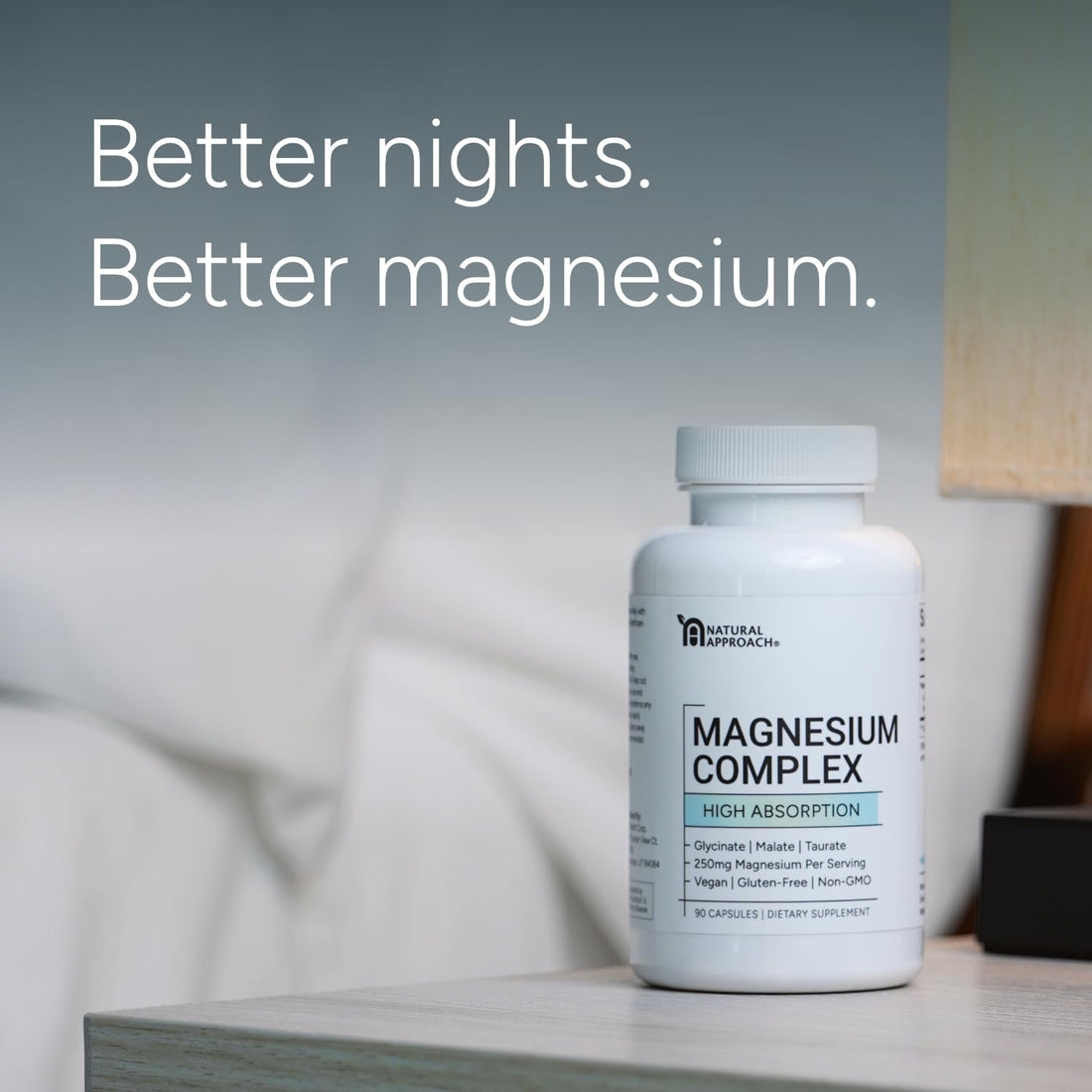 Supplement bottle and packaging of Magnesium Complex with 'Natural Approach' branding.