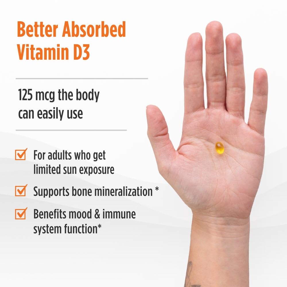 Nordic Naturals Vitamin D3 5000 IU,Non-GMO, Orange - 120 Mini Softgels | High-potency vitamin D3 for bone health, mood support & immune function. One mini softgel daily. Non-GMO. 120 servings