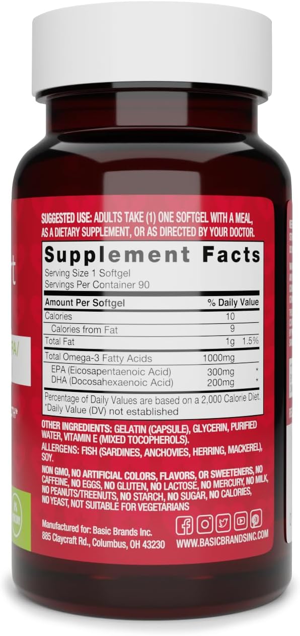 Basic Brands Super Smart Heart Omega Triple Strength, 1,000 mg 90 Count | EPA & DHA for Heart, Brain & Joint Support, Purified, Wild-Caught, Non-GM