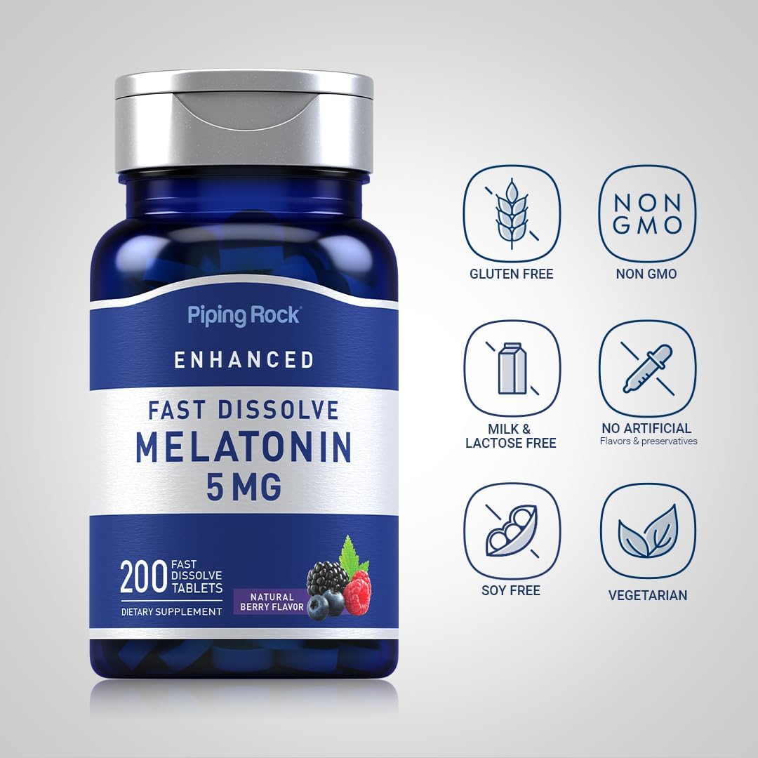Piping Rock Melatonin 5mg | 200 Fast Dissolve Tablets | Berry Flavor | Adult Supplement | Vegetarian, Non-GMO, Gluten Free Formula