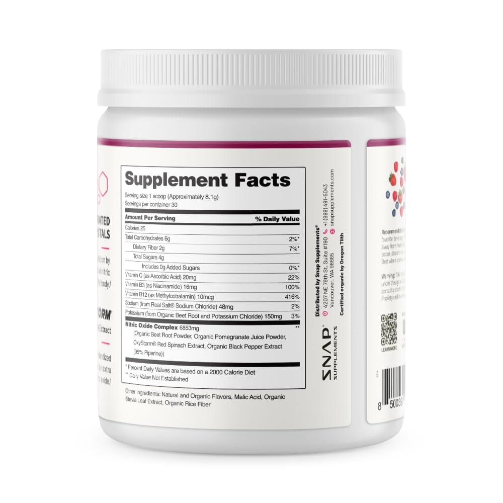 SNAP Nitric Oxide supplement container with mixed berry flavor on a white background