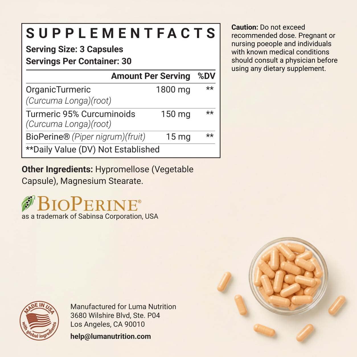 Luma Nutrition Turmeric Supplement Curcumin with Black Pepper - 90 Capsules
