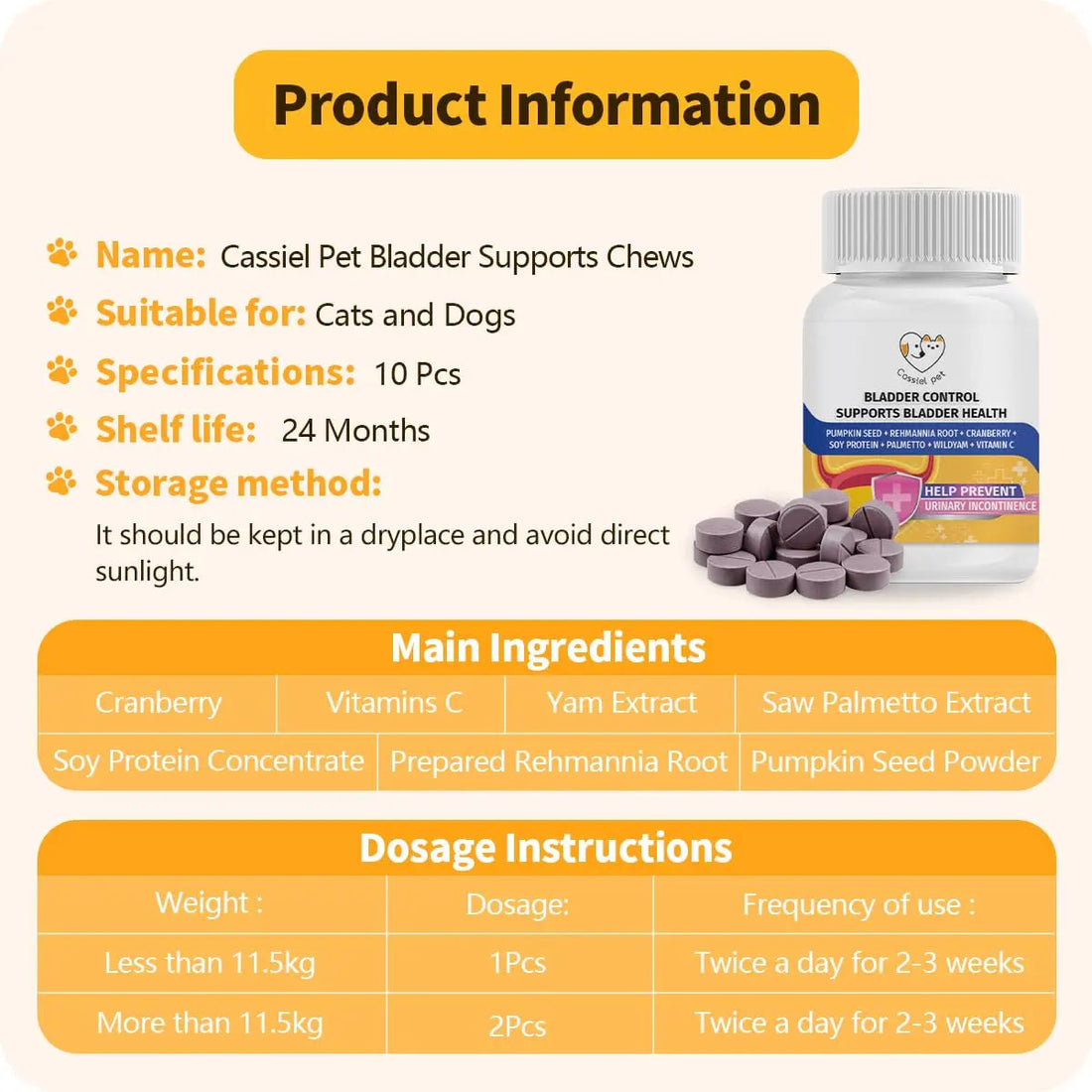Cassiel Pet Bladder Supports Chews for Urinary Tract Health, Infection Treatments, Bladder Health, Dog UTI, Bladder Stones, Incontinence Support, Urinary Pain Relief for Cat & Dog 10 Chews (1 Bottle) Cassiel petBuy Supplements Australia